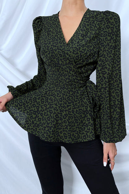 Surplice Neck Leopard Print Side Tie Blouse