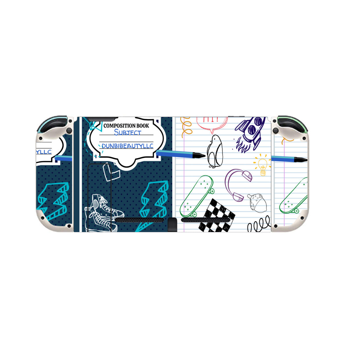 Nintendo Switch Game Console Stickers ｜PVC - Back to School, Composition Notebook Style, Doodles, Scribbles, Writing, Boy, Blue (Designed by Dunbi)