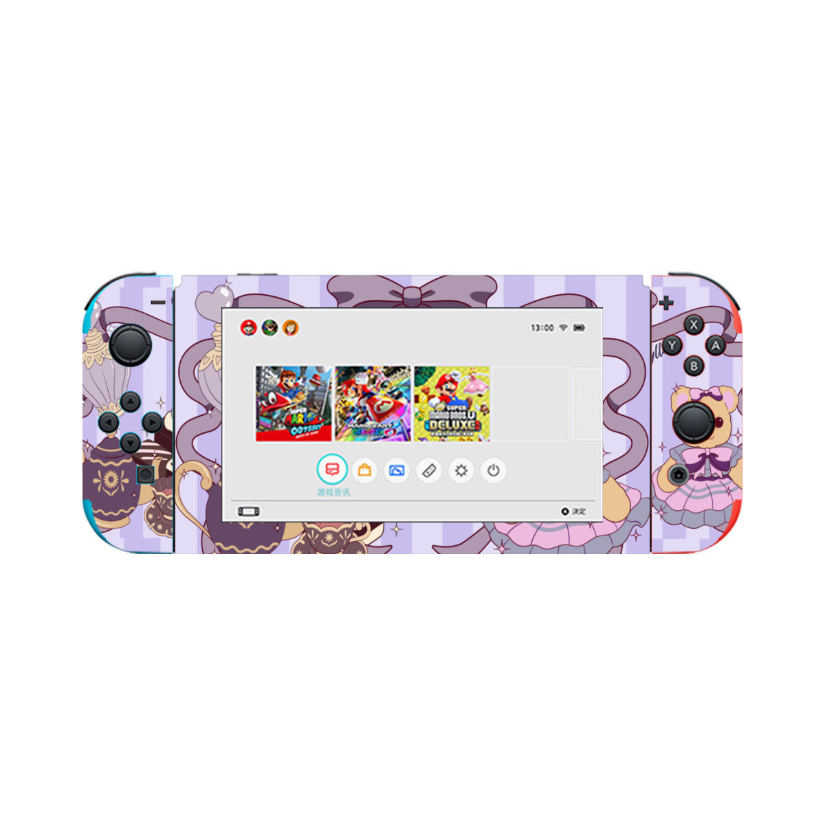 Nintendo Switch Game Console Stickers ｜PVC -Cute Teddy Bear, Tea Party, Ribbon, Bows, Cakes, Cute, Victorian, Doll, Cute Girl, Purple Style 1, Stripes (Designed by Dunbi)