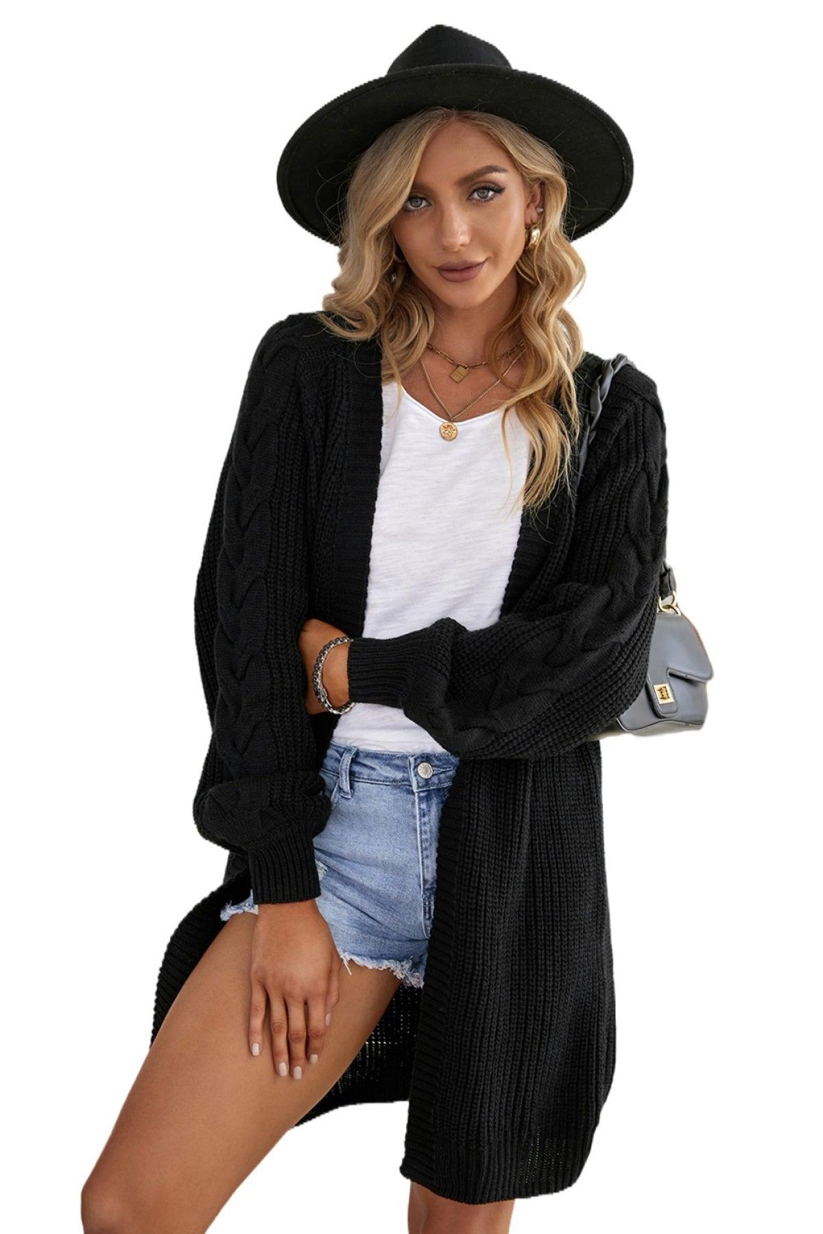 Open Front Cable Sleeve Long Cardigan Kiwidrop