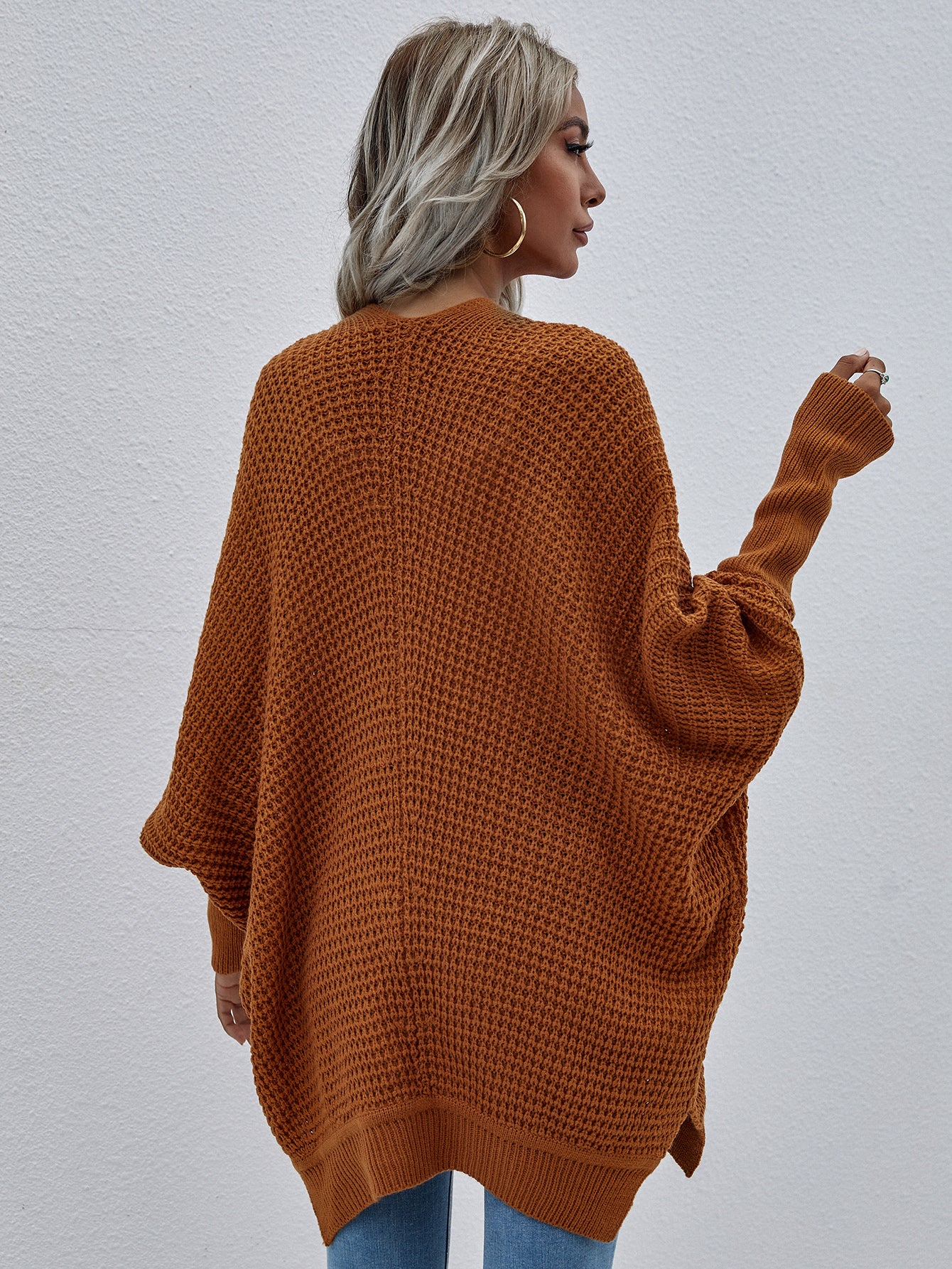 Waffle Knit Open Front Cardigan Trendsi