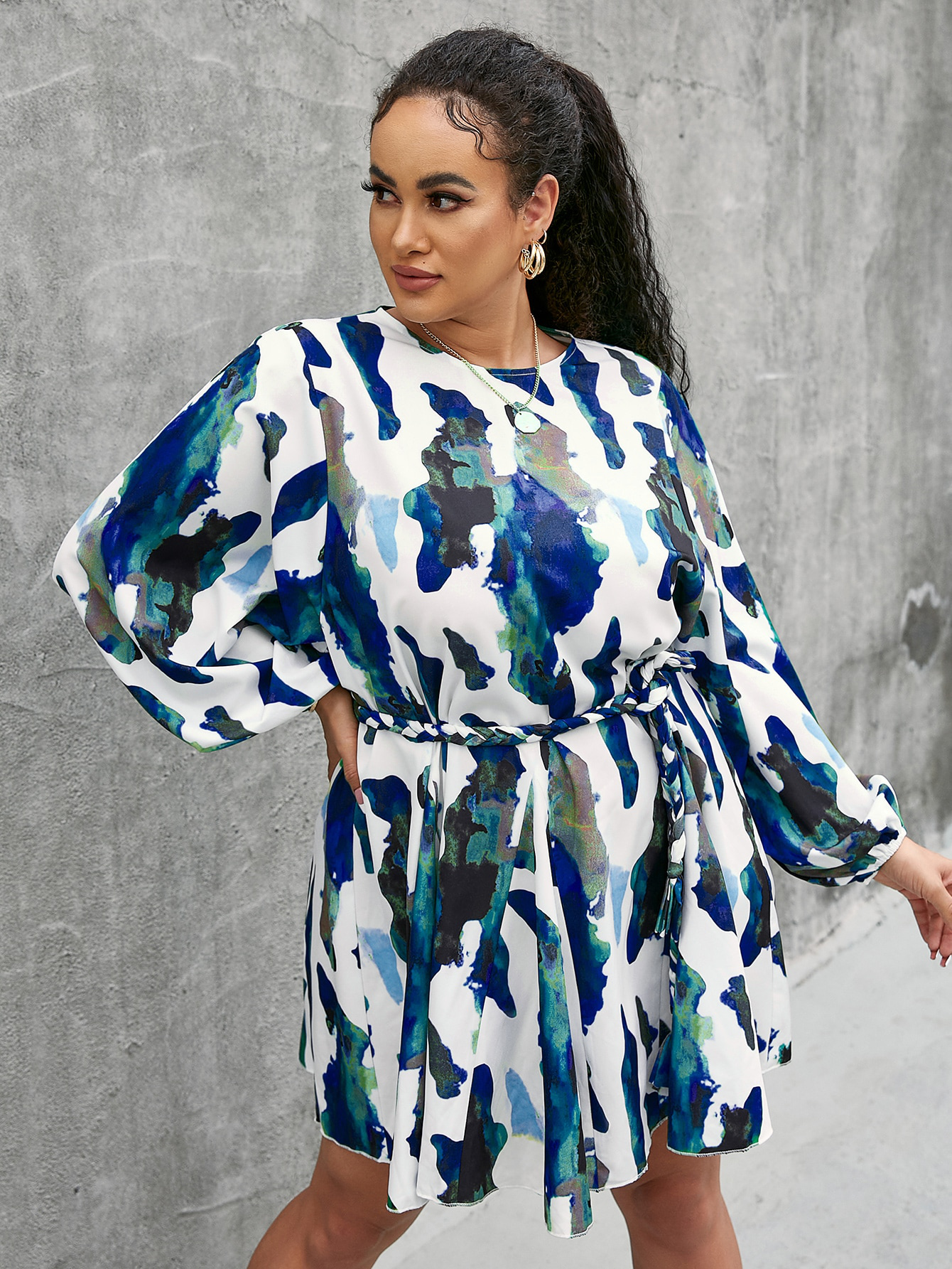 Plus Ink Splash Belted Dress Kiwidrop