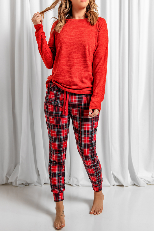 Solid Long Sleeve Top And Plaid Pants Loungewear Kiwidrop