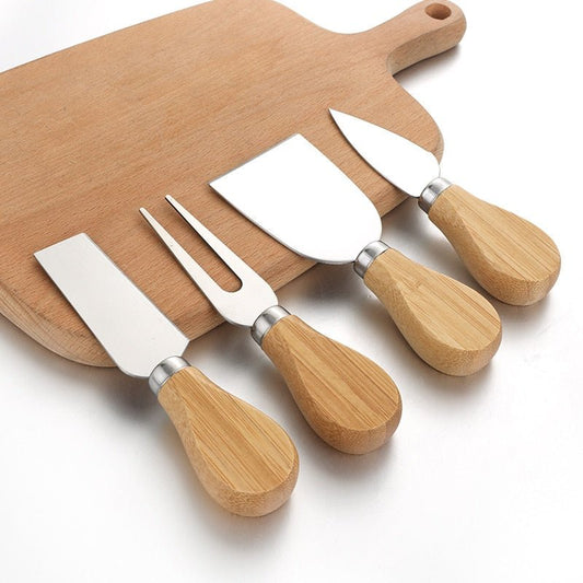 4pcs/set Wood Handle Knife Sets Oak Bamboo Cheese Cutter Knife Slicer Kit Kitchen Cheedse Stainless Steel Knife Kitchen Tools - DunbiBeauty, LLC