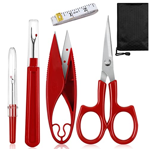 5 Pcs Set of Seam Ripper Kit, Stitch Ripper with Thread Cutter, Tape Measure, Scisson (Red) - DunbiBeauty, LLC