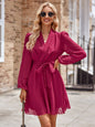 Belted Surplice Neck Long Sleeve Mini Dress