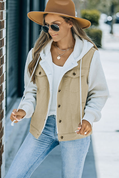 Two-Tone Spliced Denim Sherpa Hooded Jacket Trendsi