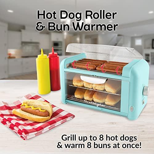 Nostalgia Extra Large 8 Hot Dog Roller & 8 Bun Warmer, Stainless Steel Grill Rollers, Non-stick warming racks, Perfect For Hot Dogs, Egg Rolls, Veggie Dogs, Sausages, Brats, Adjustable Timer Spreadr