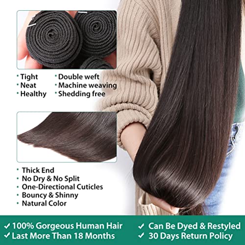 Straight Bundles with Frontal Human Hair 100% Brazilian Virgin Straight Hair 3 Bundles with Lace Frontal Closure 13x4 Free Part 10A Grade Human Hair Extensions Natural Black Color (14 16 18+12 Inch) Spreadr