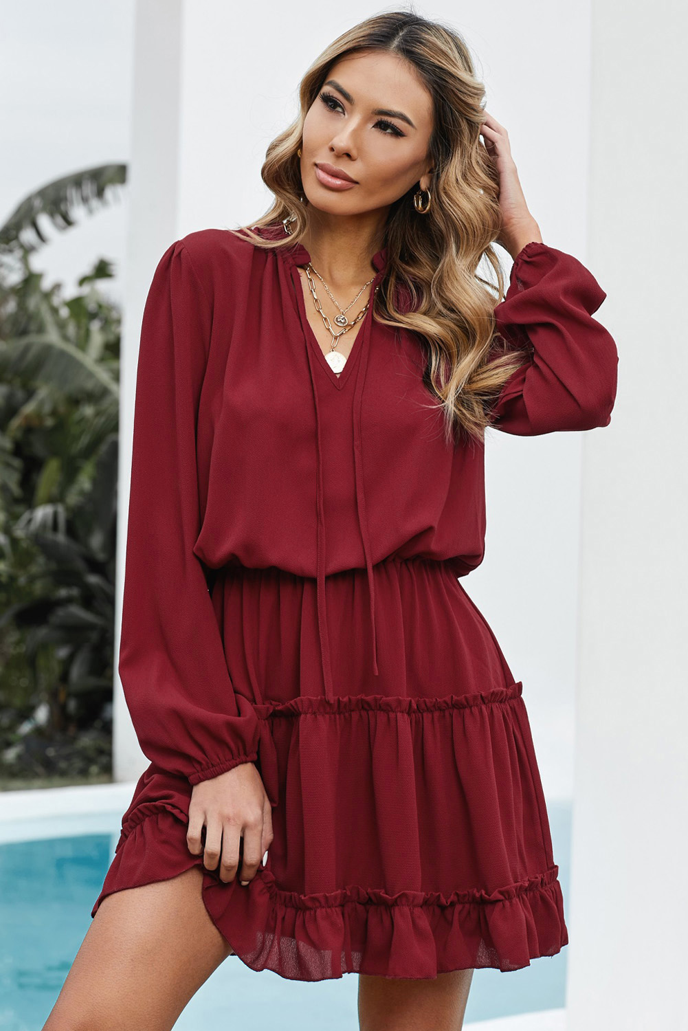 V Neck Long Sleeve Ruffle Tiered Mini Dress Kiwidrop