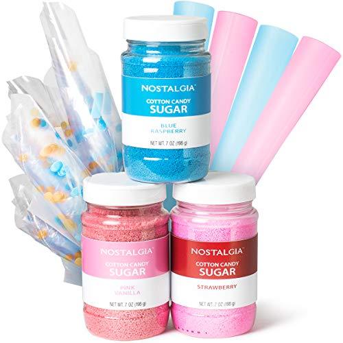 Nostalgia FSCC8 Cotton Candy Party Kit 3 Flavors, 4 Reusable Cones, 10 Floss Bags, 1, Multi Spreadr