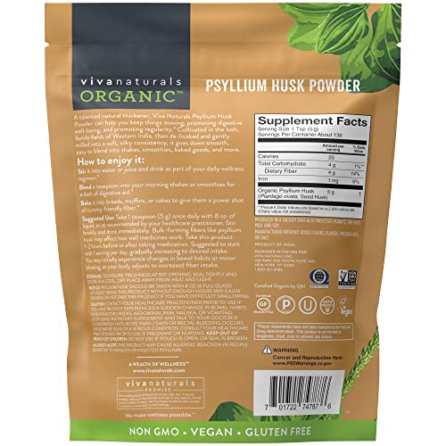 Viva Naturals Organic Psyllium Husk Powder (1.5 lbs) - Easy Mixing Fiber Supplement, Finely Ground & Non-GMO Powder for Promoting Regularity