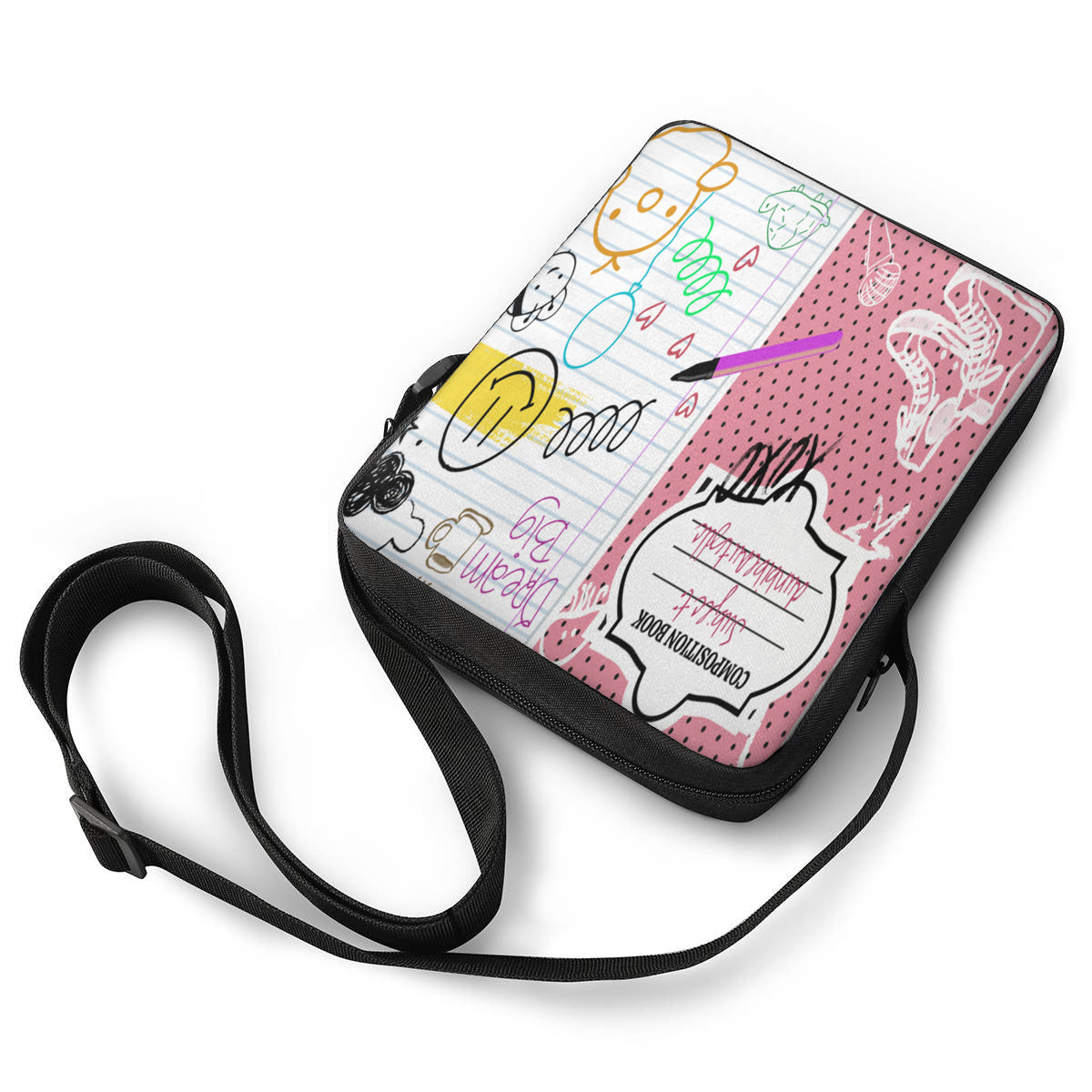 Casual And Versatile Satchel｜Polyester -Back to School, Composition Notebook Style, Doodles, Scribbles, Writing, Girl, Pink (Designed by Dunbi)