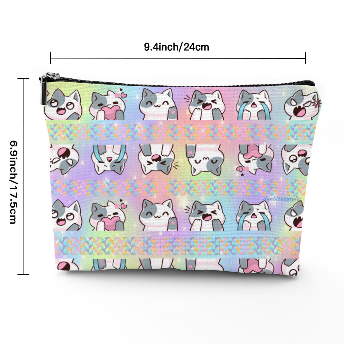 Customized Canvas Cosmetic Bag｜Canvas -Kawaii Cat, Anime Style, Cartoon, Emotions, Happy, Sad, Angry, Laughing, Pastel Rainbow Background (Designed by Dunbi)