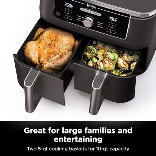 Ninja DZ401 Foodi 10 Quart 6-in-1 DualZone XL 2-Basket Air Fryer with 2 Independent Frying Baskets, Match Cook & Smart Finish to Roast, Broil, Dehydrate for Quick, Easy Family-Sized Meals, Grey