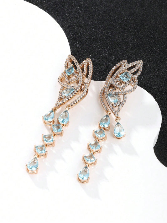 A pair of light luxury fashion design sense of temperament high-grade micro-inset zircon plated 18K gold women butterfly earrings dating daily party dinner wear