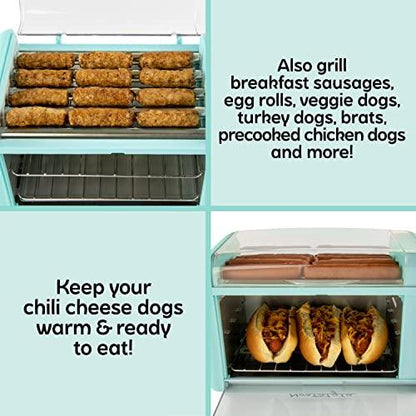 Nostalgia Extra Large 8 Hot Dog Roller & 8 Bun Warmer, Stainless Steel Grill Rollers, Non-stick warming racks, Perfect For Hot Dogs, Egg Rolls, Veggie Dogs, Sausages, Brats, Adjustable Timer Spreadr