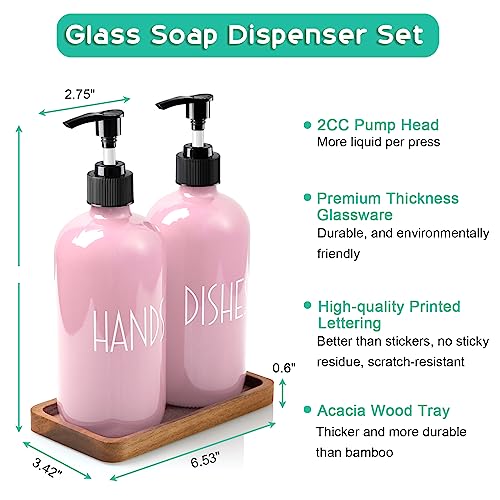 ALELION Dish Soap Dispenser for Kitchen - 16 OZ Glass Hand Soap Dispenser Set with Acacia Wood Tray - Pink Kitchen Bathroom Decor and Accessories