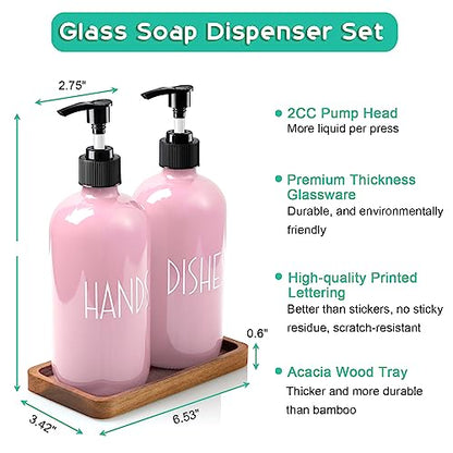 ALELION Dish Soap Dispenser for Kitchen - 16 OZ Glass Hand Soap Dispenser Set with Acacia Wood Tray - Pink Kitchen Bathroom Decor and Accessories