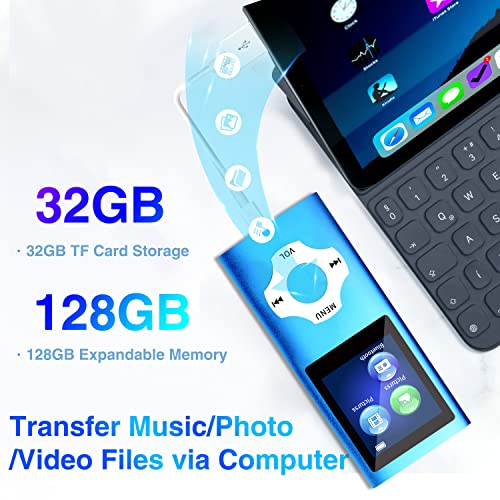 Mp3 Player with 32GB TF Card,MP3 Music Player with Bluetooth 5.0,FM Radio,Earphone, Portable HiFi Music Player with Voice Recorder/Video/Photo Viewer/E-Book Player for Kids,Running,Walking (Blue)