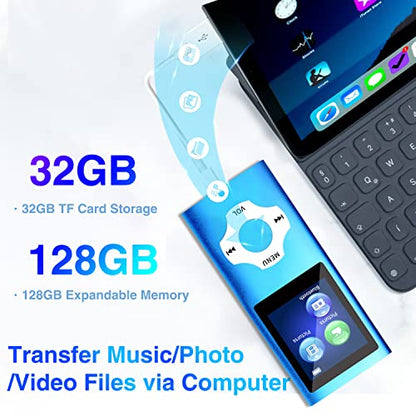 Mp3 Player with 32GB TF Card,MP3 Music Player with Bluetooth 5.0,FM Radio,Earphone, Portable HiFi Music Player with Voice Recorder/Video/Photo Viewer/E-Book Player for Kids,Running,Walking (Blue)