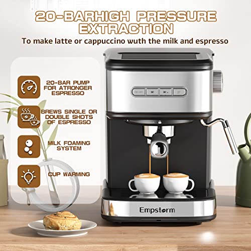 Empstorm Espresso Machine 20 Bar,Espresso Coffee Maker with Milk Frother Steam Wand,Semi-Automatic Espresso Machine with 1.5L/50oz Removable Water Tank for Latte,Cappuccino