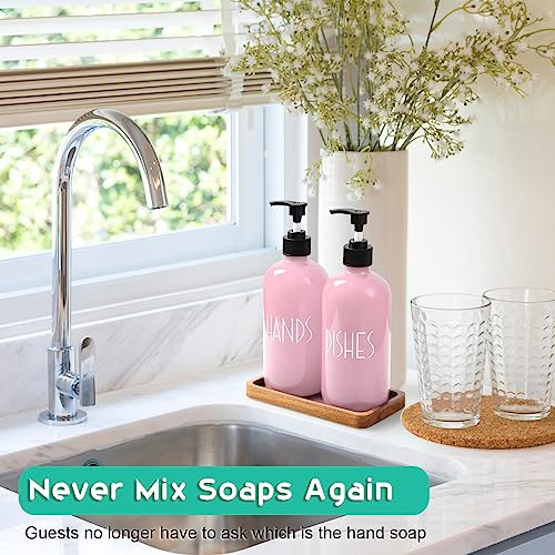 ALELION Dish Soap Dispenser for Kitchen - 16 OZ Glass Hand Soap Dispenser Set with Acacia Wood Tray - Pink Kitchen Bathroom Decor and Accessories