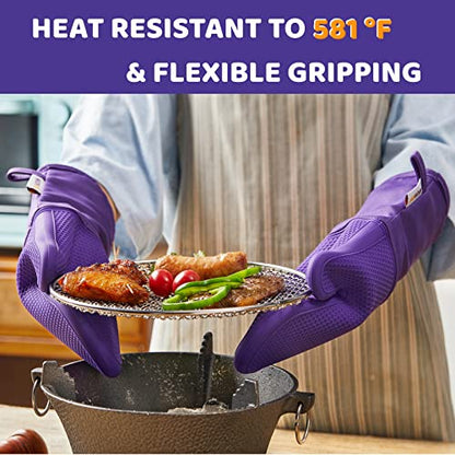 JEEKOIN Oven Mitts Honeycomb Non-Slip Grip, Silicone Oven Mitt Heat Resistant 581, Thick Soft Cotton Lining Padding, Waterproof Kitchen Mittens Potholder BPA-Free, 14 x 7 Inch Pair (Purple)