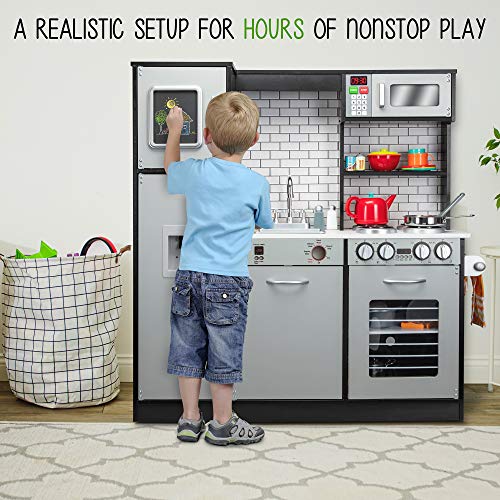 ⚠️🚨🔊 Lil' Jumbl Kids Kitchen Set, Pretend Wooden Play Kitchen, Battery Operated Icemaker & Microwave with Realistic Sound, Pots & Pan Included - Charcoal Spreadr