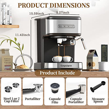 Empstorm Espresso Machine 20 Bar,Espresso Coffee Maker with Milk Frother Steam Wand,Semi-Automatic Espresso Machine with 1.5L/50oz Removable Water Tank for Latte,Cappuccino