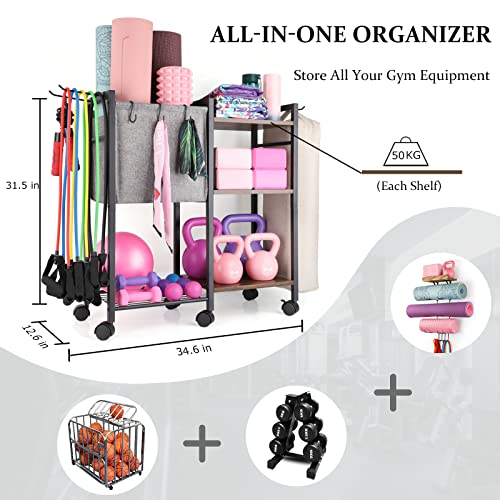 Yoga Mat Storage Rack Home Gym Equipment Storage Organizer Yoga Mat Holder for Yoga Mat Foam Roller Dumbbells Kettlebells Resistance Bands and More Gym Accessories Women Men Workout Equipment Organization with Hooks and Wheels Spreadr