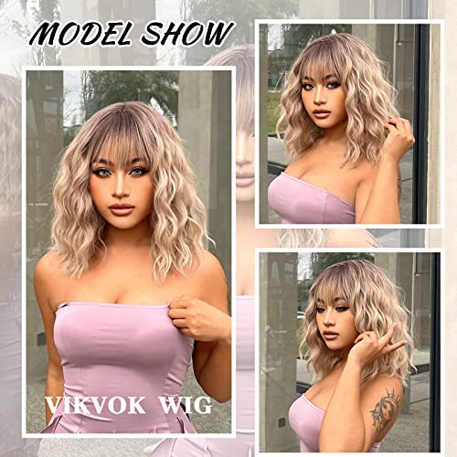 VIKVOK Short Ombre Blonde Wig for Women Blonde Wavy Bob Wig with Bangs Natural Synthetic Wavy Curly Blonde Wig for Halloween Daily