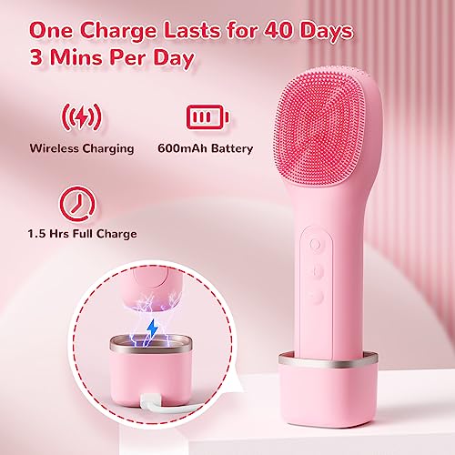 Electric Facial Cleansing Brush - CareYou Face Scrubber for Women, Rechargeable Silicone Face Brushes for Deep Cleansing and Exfoliating, 40 Days Long-Last, IPX7 Waterproof - Pink