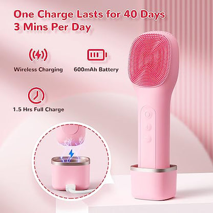 Electric Facial Cleansing Brush - CareYou Face Scrubber for Women, Rechargeable Silicone Face Brushes for Deep Cleansing and Exfoliating, 40 Days Long-Last, IPX7 Waterproof - Pink