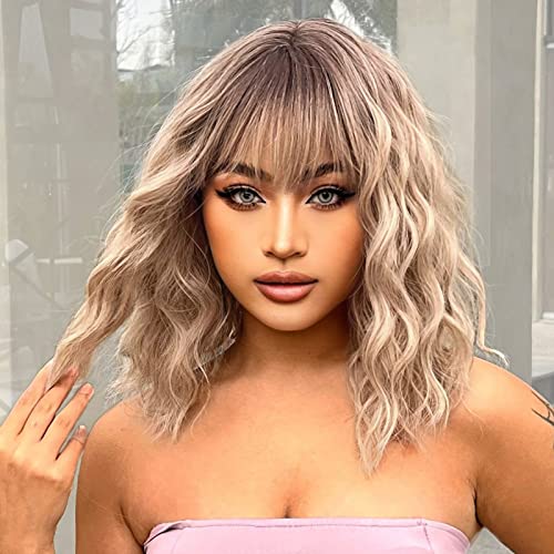 VIKVOK Short Ombre Blonde Wig for Women Blonde Wavy Bob Wig with Bangs Natural Synthetic Wavy Curly Blonde Wig for Halloween Daily