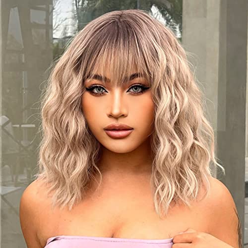 VIKVOK Short Ombre Blonde Wig for Women Blonde Wavy Bob Wig with Bangs Natural Synthetic Wavy Curly Blonde Wig for Halloween Daily