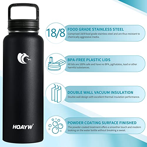 HQAYW Insulated Water Bottles 40oz, Leak-Proof Sports Water Bottle with Straws, Stainless Steel Water Bottle, Wide-Mouth BPA Free Travel Thermo Keep Cold 48 Hours Hot 24 Hours for Work, Mid-Night