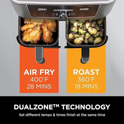 Ninja DZ401 Foodi 10 Quart 6-in-1 DualZone XL 2-Basket Air Fryer with 2 Independent Frying Baskets, Match Cook & Smart Finish to Roast, Broil, Dehydrate for Quick, Easy Family-Sized Meals, Grey