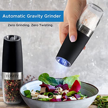 TOMTY (2 Pack) Gravity Electric Salt and Pepper Grinder Set Battery Operated One Hand Automatic Operation, Adjustable Coarseness Mill Grinders Shakers LED Light Stainless Steel, Kitchen Gadgets Gifts Ideas