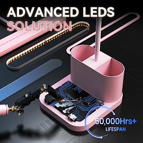 AXX Pink Desk Lamp for Home Office, Cute Desk Lamps for Bedrooms, Kawaii, Dimmable LED, Flexible Gooseneck, Pen Holder, Touch Control, College Dorm Room Essentials for Teen Girls Kids