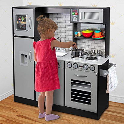 ⚠️🚨🔊 Lil' Jumbl Kids Kitchen Set, Pretend Wooden Play Kitchen, Battery Operated Icemaker & Microwave with Realistic Sound, Pots & Pan Included - Charcoal Spreadr