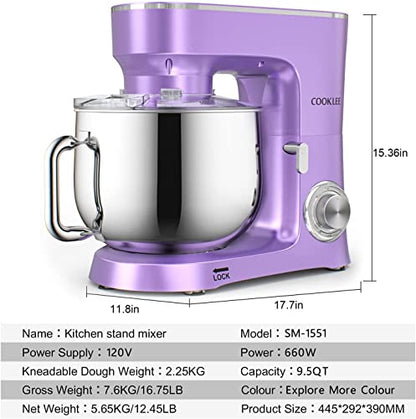 COOKLEE Stand Mixer, 9.5 Qt. 660W 10-Speed Electric Kitchen Mixer with Dishwasher-Safe Dough Hooks, Flat Beaters, Wire Whip & Pouring Shield Attachments for Most Home Cooks, SM-1551, Lavender