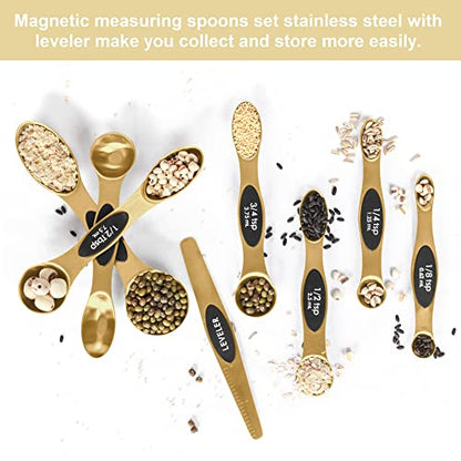 Magnetic Measuring Spoons Set Stainless Steel with Leveler, Stackable Metal Tablespoon Measure Spoon for Baking, Measuring Cups and Spoon Set Kitchen Gadgets Apartment Essentials Fits in Spice Jars