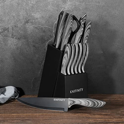 Knifinity 14-Piece Premium Non-Stick Coated, Ultra-Sharp Knife Set, Ergonomic Wood Grain Handles - Versatile, Durable and Stylish Kitchen Essentials for Cutting, Kitchen Knife Set with Block