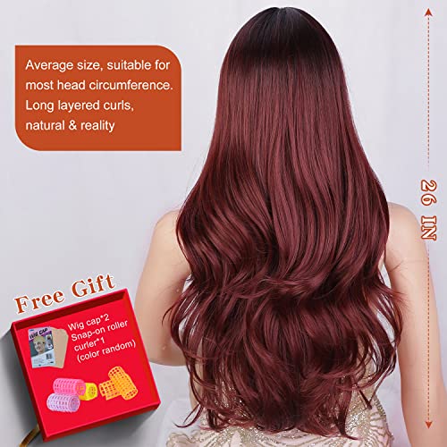 XIXIBI Red Wigs with Bangs, Wine Red Wigs for Women Long Wavy Wigs with Dark Roots Ombre Burgundy Wigs Natural Looking Synthetic Heat Resistant Fiber for Daily Party Use (26Inch)