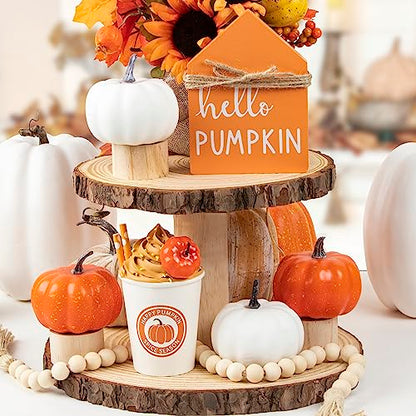 Fall Decor-Fall Decorations for Home-Pumpkin Spice Latte Cups-Artificial Pumpkins-Bead Garland and Wood Sign-Farmhouse Tiered Tray Items for Autumn Thanksgiving Harvest Decoration