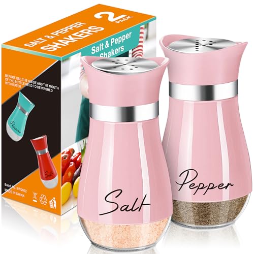 Salt and Pepper Shakers Set,4 oz Glass Bottom Salt Pepper Shaker with Stainless Steel Lid for Kitchen Cooking Table, RV, Camp,BBQ Refillable Design (Pink)