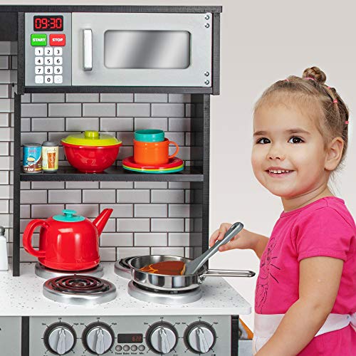 ⚠️🚨🔊 Lil' Jumbl Kids Kitchen Set, Pretend Wooden Play Kitchen, Battery Operated Icemaker & Microwave with Realistic Sound, Pots & Pan Included - Charcoal Spreadr