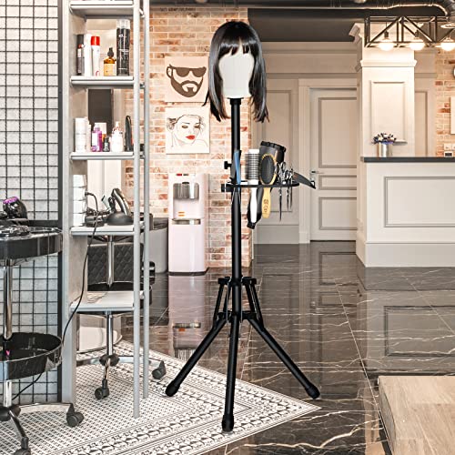 Wig Head Stand - Upgrade Wig Stand Tripod with Reinforced Tripod & Tool Tray for Cosmetology Hairdressing Training Styling, Heavy Duty Mannequin Head Stand with Wig Caps T-Pins Hair Clips Spreadr