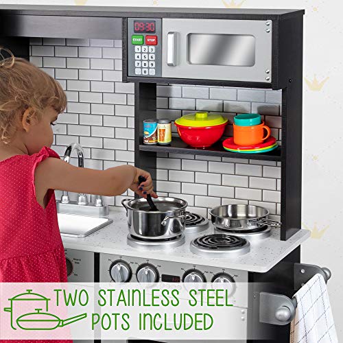 ⚠️🚨🔊 Lil' Jumbl Kids Kitchen Set, Pretend Wooden Play Kitchen, Battery Operated Icemaker & Microwave with Realistic Sound, Pots & Pan Included - Charcoal Spreadr